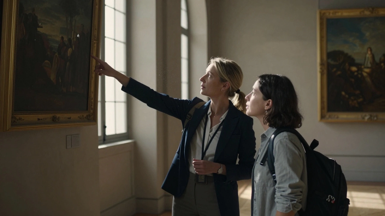 A companion guiding a traveler through the quiet, sunlit halls of the Louvre, pointing at a painting.