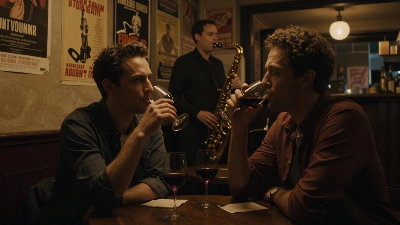A man and his escort relaxed at a cozy jazz bar in Saint-Germain, sharing a quiet evening with live music.
