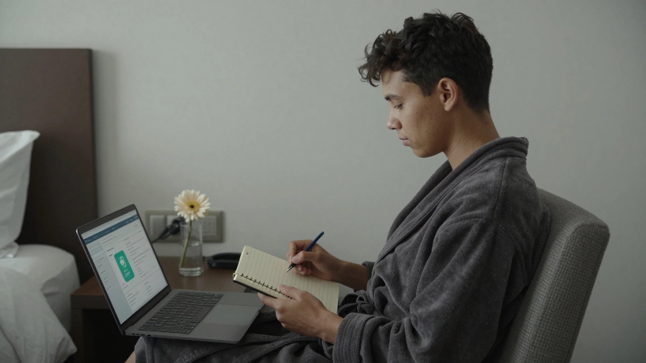Non-binary escort calmly preparing in a hotel room, safety app visible on laptop screen.